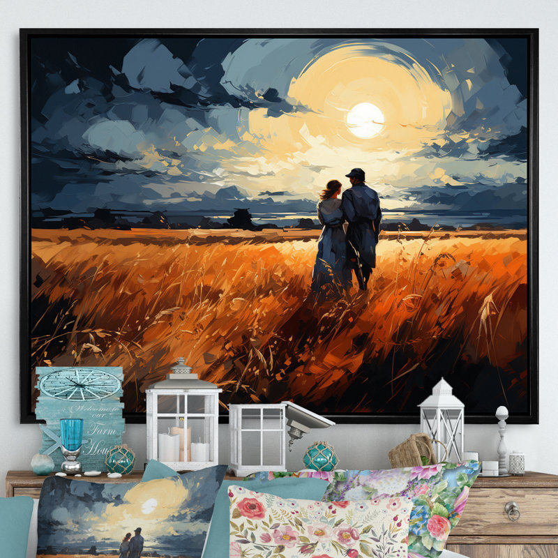 Wheatfield Sunset Romance, H 30 po x l 40 po x P 1,5 po, Cadre flottant noir