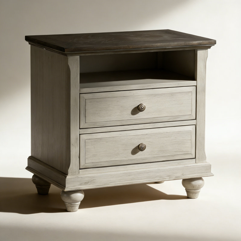 Table de chevet classique avec finition gris clair et 2 tiroirs