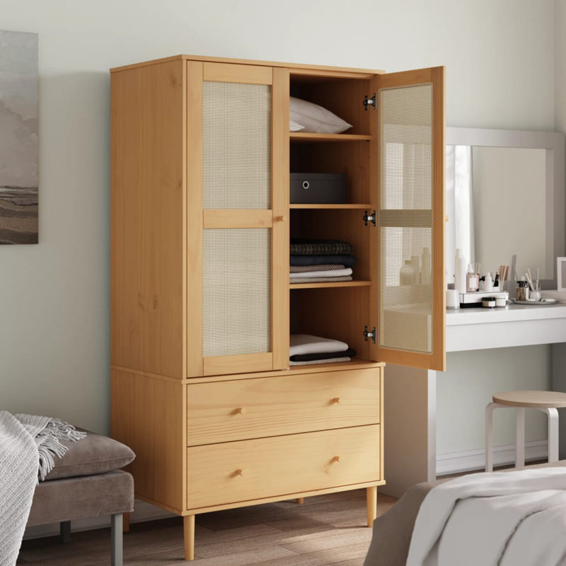 Nahyla Wardrobe "SENJA" Rattan Look 90x55x175 cm Solid Wood Pine, Brown