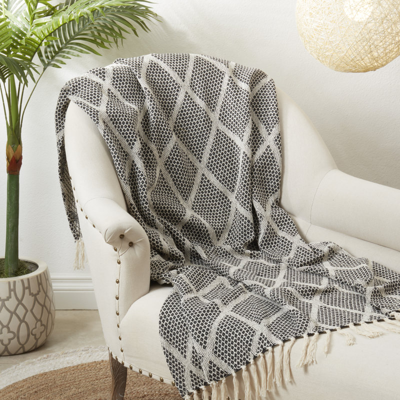 Black and Beige Diamond-Patterned Knit Fringed Cotton Throw, 50"x60"
