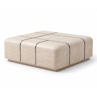 Table basse carrée, placage en travertin, aucun assemblage requis, largeur de 90 cm, style minimaliste moderne, beige