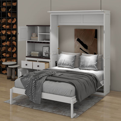 Queen Size Murphy Bed With Cabinet, Wine Rack, Glass Holder, Drawers And Multi-Color LED Strip