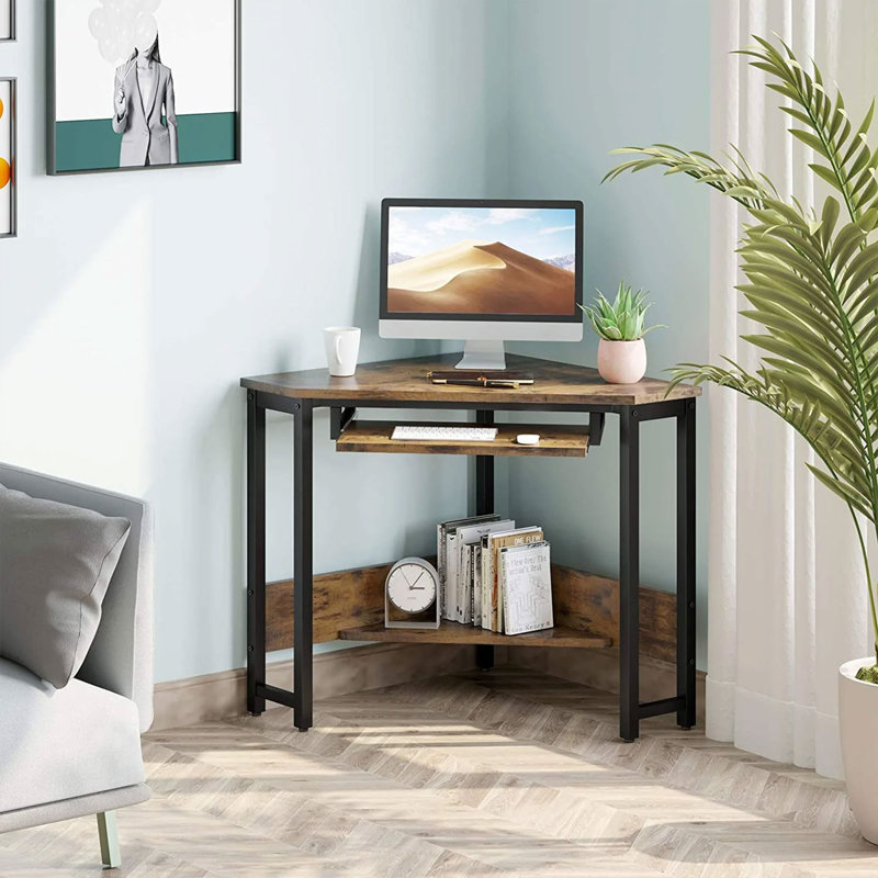 Rustic Brown Wood and Steel Corner Computer Desk with Keyboard Tray