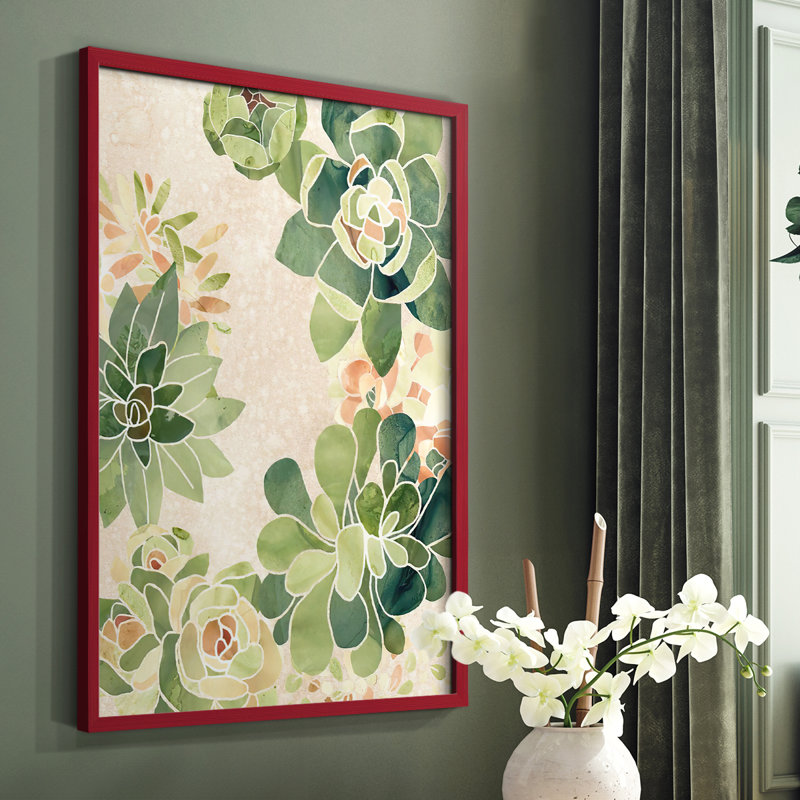 Reproduction encadrée de vitrail succulentes II - bois massif, Rouge, H 10 po x l 8 po