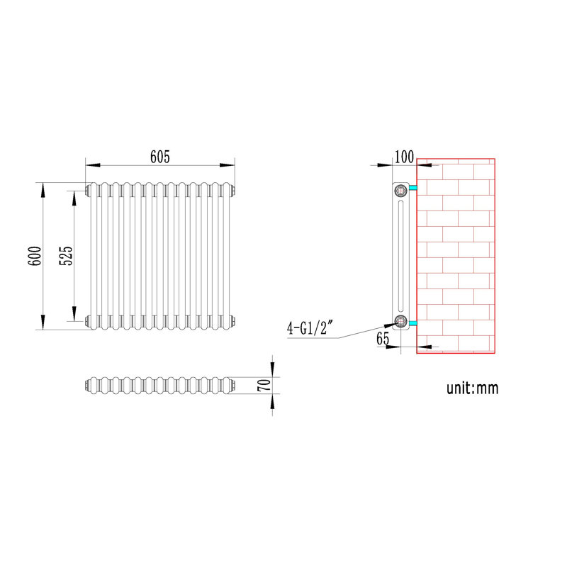 iBathUK Radiator + Angled Valve, Grey, 600cm H x 605cm W x 70cm D, 2