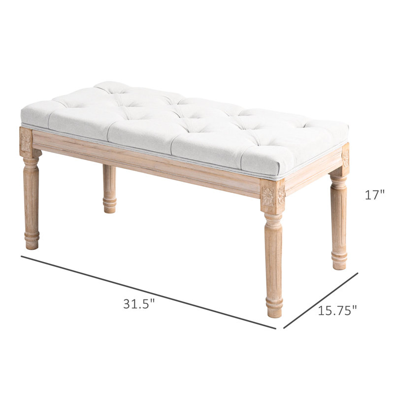 Tabouret de chambre à coucher 32 po, blanc crème avec tissu rembourré et banc de fabrication, pieds de revêtement