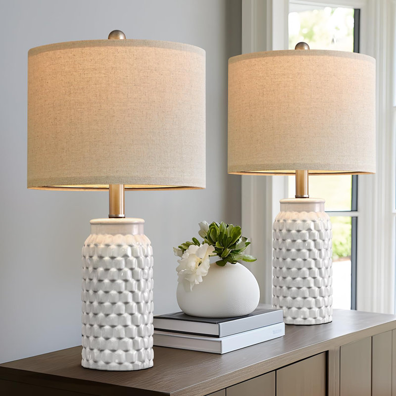 White Textured Ceramic Bedside Lamp Set with Beige Shades