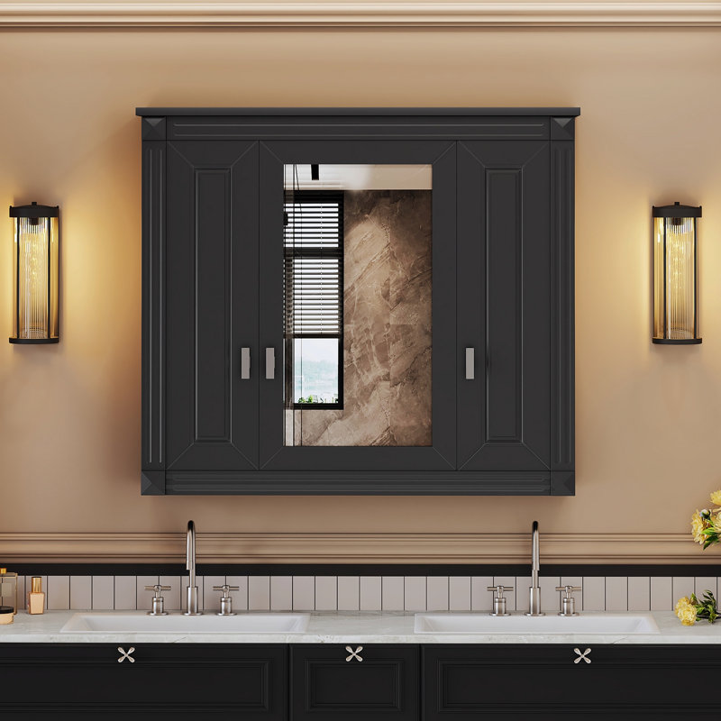 Bathroom Wall Cabinet with Mirror, Black, 28.74" H x 35" W x 7.13" D
