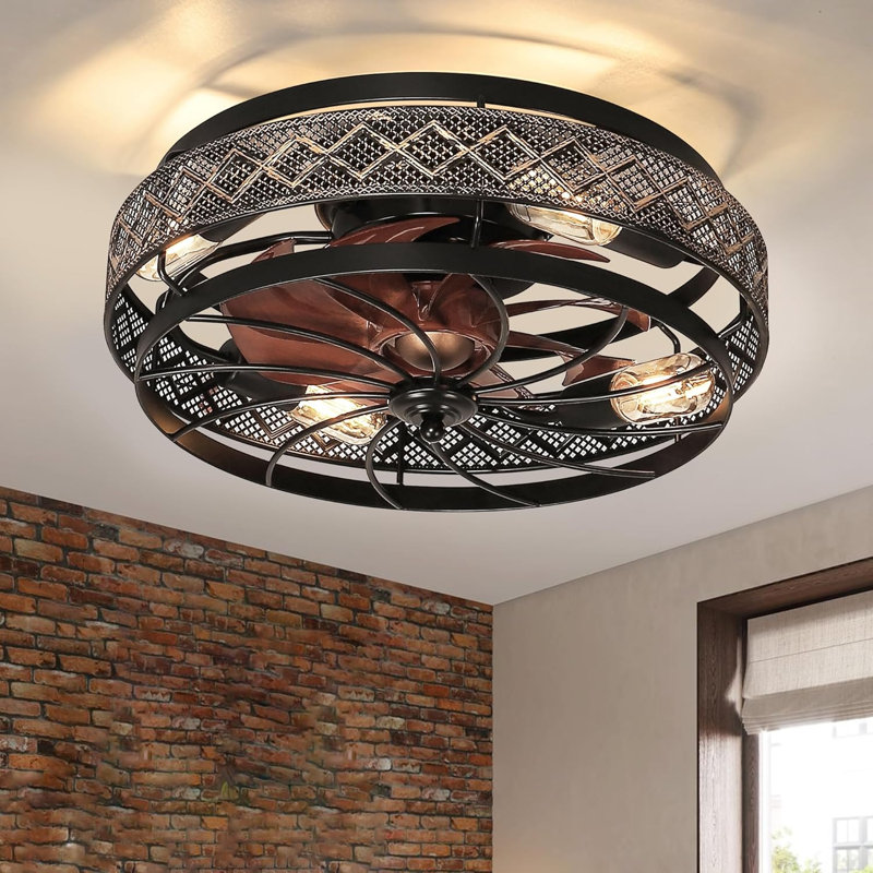 17.5" Low Profile Caged Ceiling Fans with Lights and Remote,Flush Mount Ceiling Fan with Light, Bedroom Fan, Small Industrial Black Ceiling Light Fixture, Reversible(Bulbs not Included)