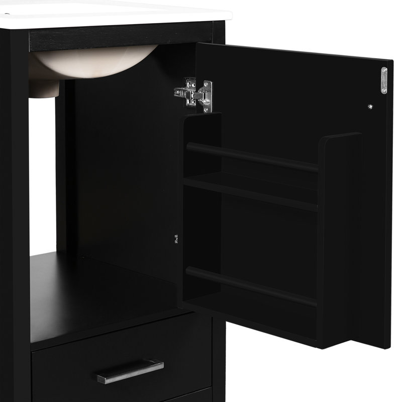 Meuble-lavabo compact de 20 pouces avec lavabo en céramique, tiroir à fermeture en douceur et structure de porte en bois massif à double couche, portes, support pour un rangement efficace