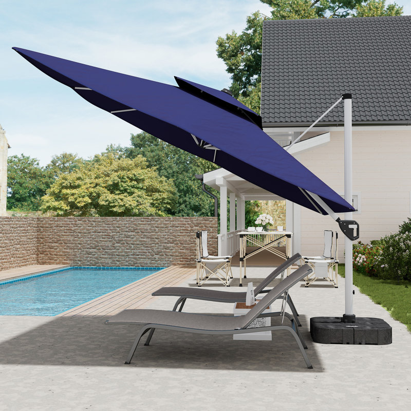 11ft Navy Blue Square Cantilever Patio Umbrella with White Aluminum Pole