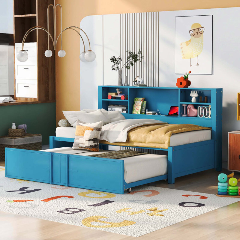 Lit de jour moderne en métal avec lit gigogne simple, tablettes de rangement externes et ports de chargement USB intégrés, bleu