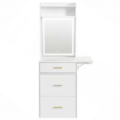 Vanity Desk, Small Vanity Desk With Mirror And Light, Dressing Table With Charging Station & Fold-Up Panel For Small Space, Compact Makeup Vanity Set With Hidden Stool For Bedroom
