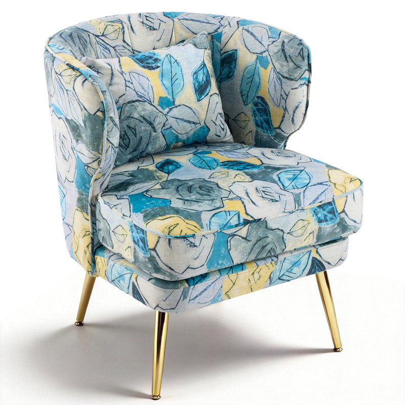 Lemley Floral Velvet Barrel Accent Chair With Lumbar Pillow - Mid Century Modern Upholstered Small Space Reading Chair With Gold Metal Legs For Living Room, Bedroom
