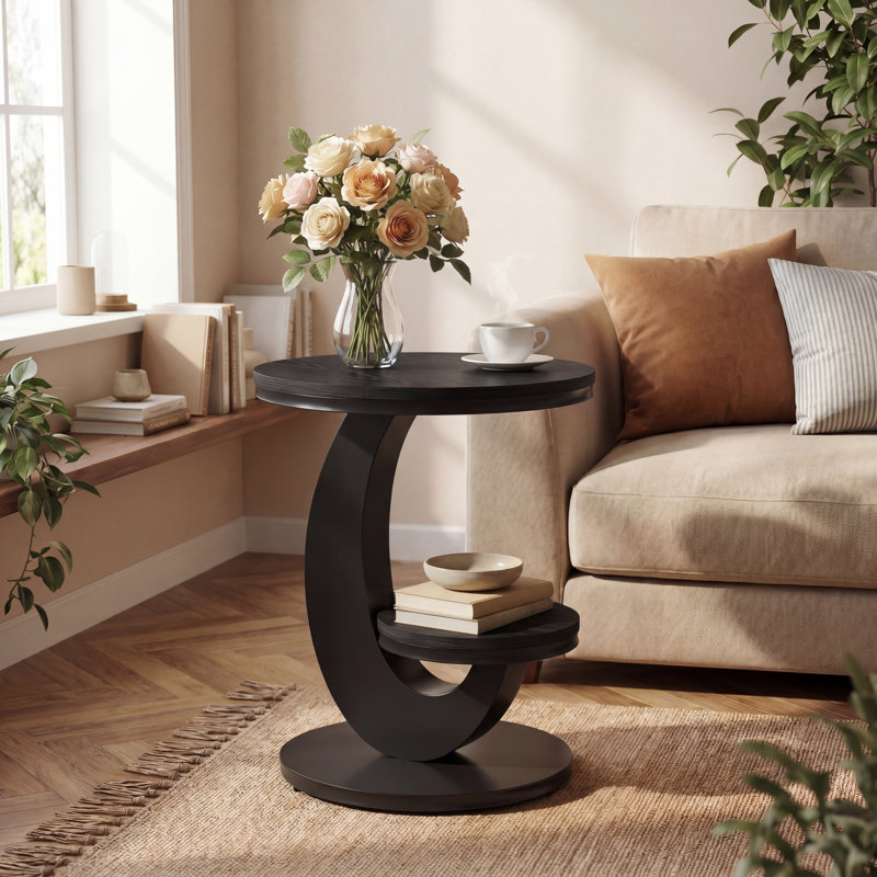 Round End Table with Storage, Black