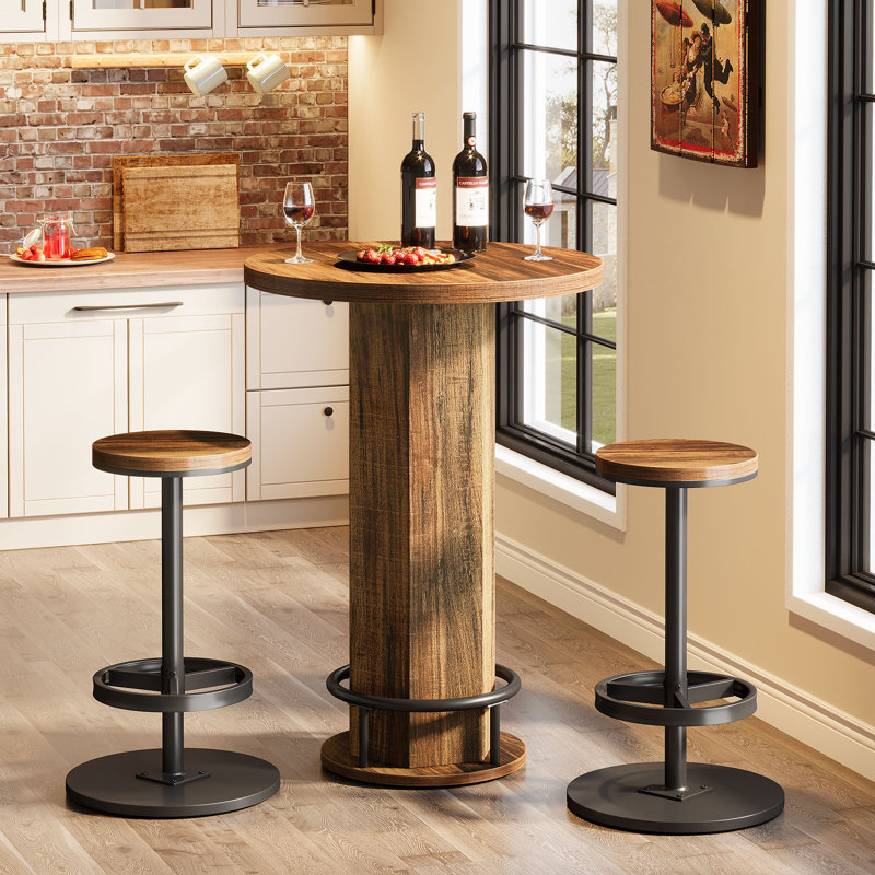Round Bar Table Set, Farmhouse  Home Bar with 2 barstools