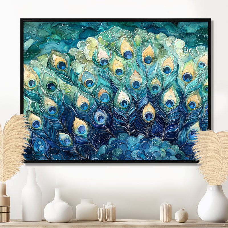 «Blue and Green Peacock Feather Collage III», art mural sur toile, H 12 po x l 20 po, Cadre flottant, Noir