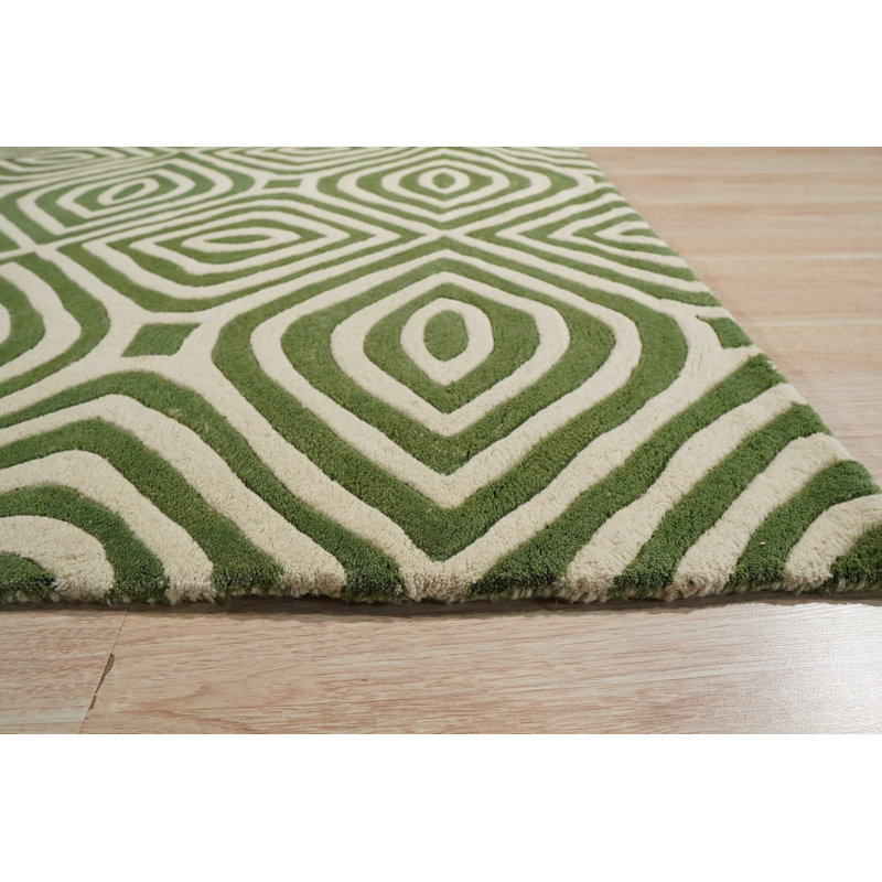 Hand Tufted Wool Geometric Area Rug in Green, 8' x 10'