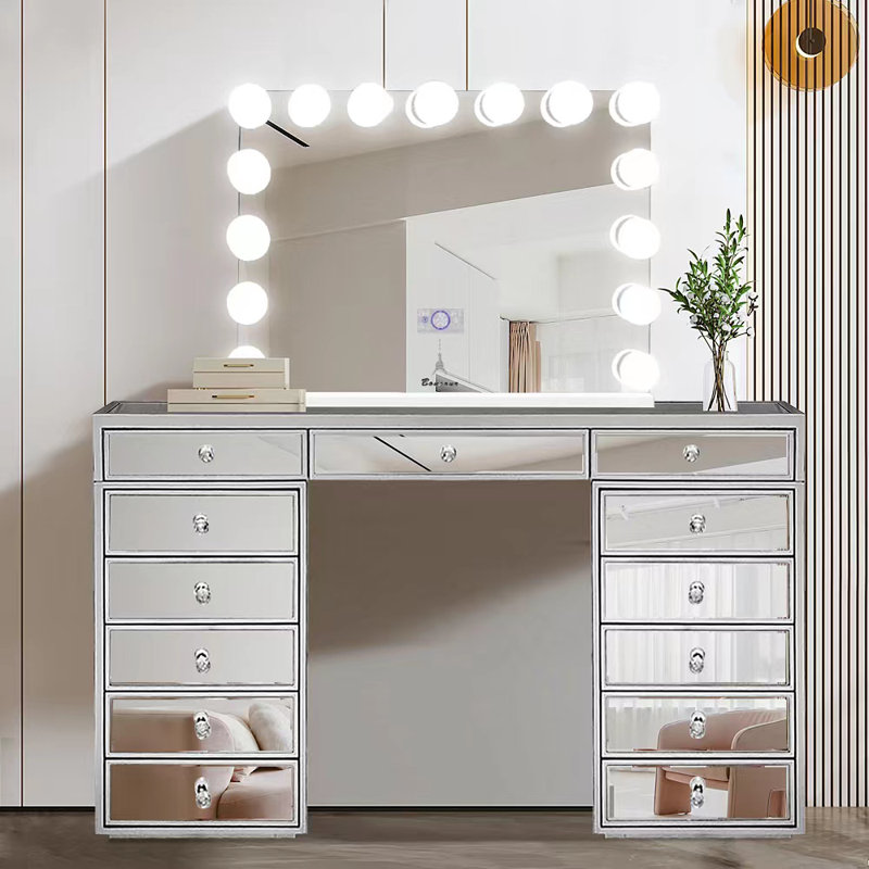 Ensemble coiffeuse Hollywood avec miroir, H 27 x l 31,5, Blanc
