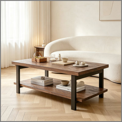 100% All‑Solid‑Wood Farmhouse Rustic Rectangle Coffee Table, Living Room Coffee Table with Open Storage Shelf, Heavy‑Duty Home Furniture