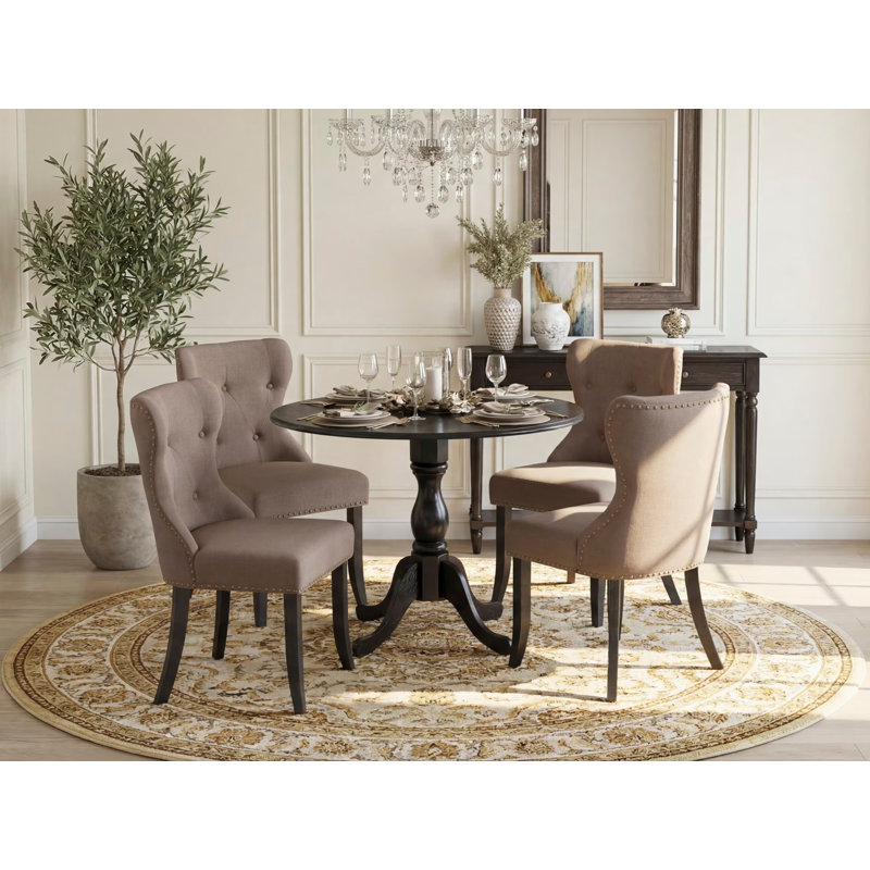 5 Piece Kitchen Table Set for 4 Includes a Round Dining Table with Dropleaf and 4 Coffee Linen Fabric Parson Dining Room Chairs, Wire brushed Black