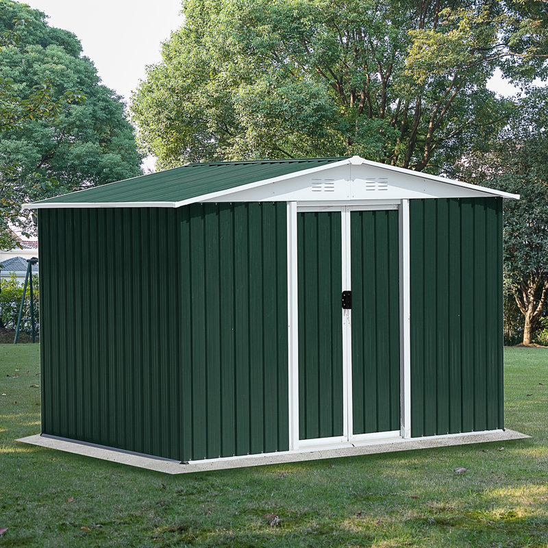 8X6 Feet Outdoor Storage Garden Shed Apex Roof Green With Aluminum Alloy Frame And Sliding Door, 72.6" H x 99.6" W x 70.4" D