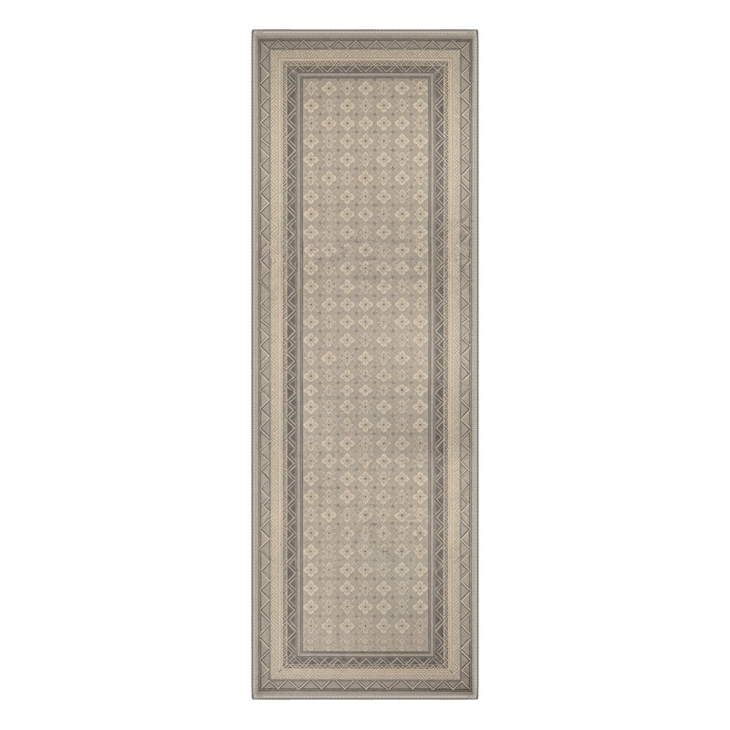 Oriental Transitional Border Machine Washable Beige / Grey Indoor Area Rug with Non-Slip Backing, Runner 2' x 7'
