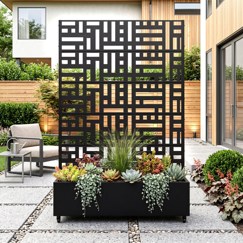 Abraham Metal Planter Box with Trellis, Black, 72" H x 47" W x 16" D