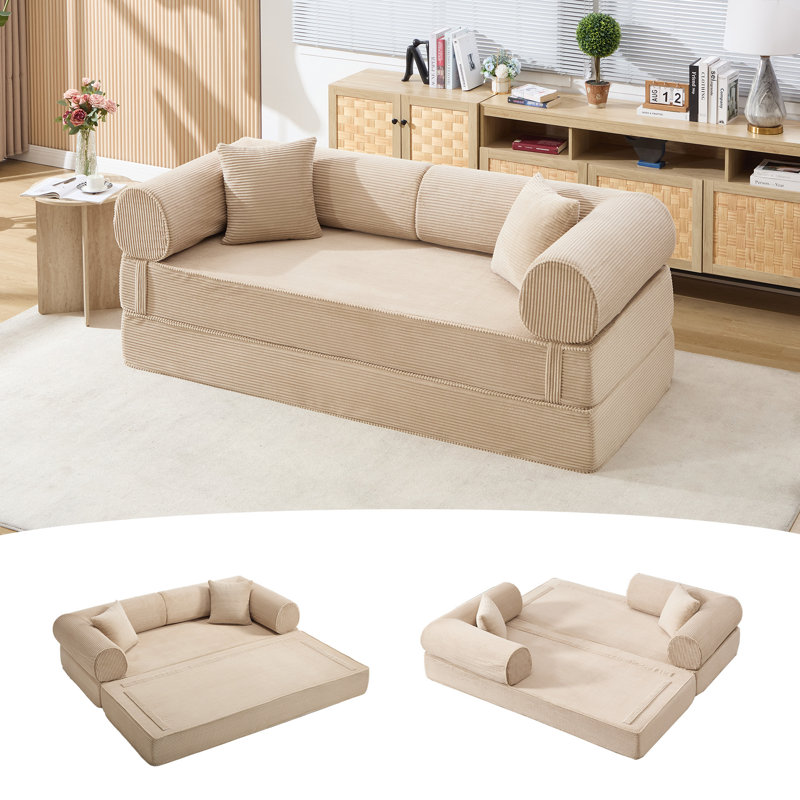 Boneless Foldable Modular Corduroy Sofa Bed, Convertible With Deep Seat And Soft Cushions, No Assembly Required, Khaki