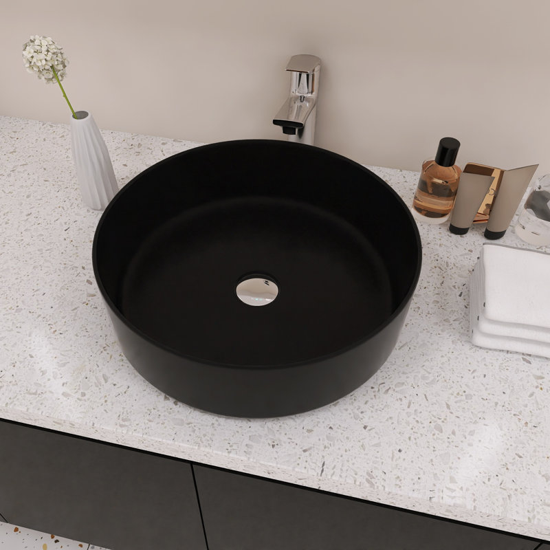 16" Round Vessel Bathroom Sink With Easy-Clean, Matte Black