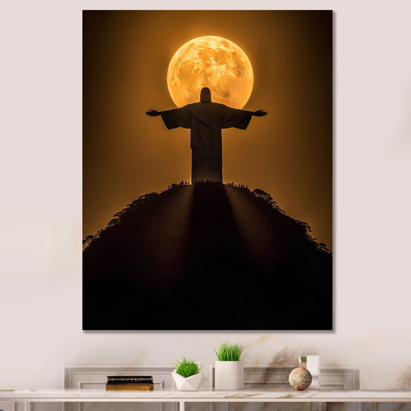 Supermoon Over Christ the Redeemer In Rio I - Christianism, art mural encadré, Toile tendue, H 40 po x l 30 po x P 1,5 po