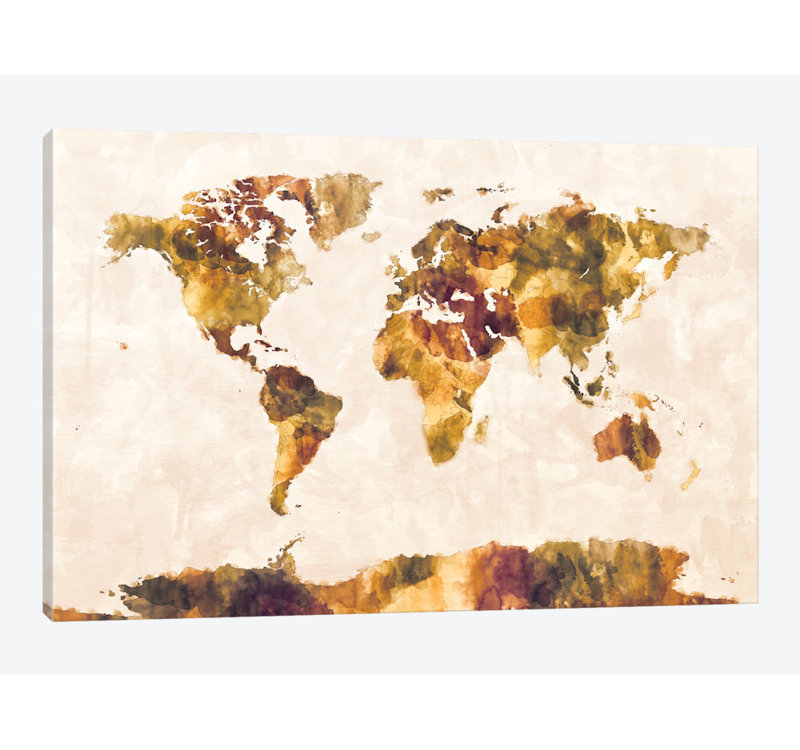 World Map Series: Foxed Retro, impression sur toile tendue, H 12 po x l 18 po x P 1,5 po, Toile tendue, Pas de tapis
