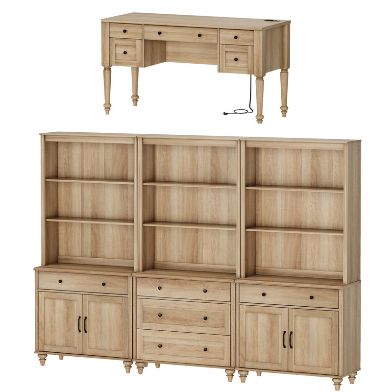2 - Piece Office Set, 56" Executive Desk, Bookcases With 5 Drawers And 2 Doors, Oak