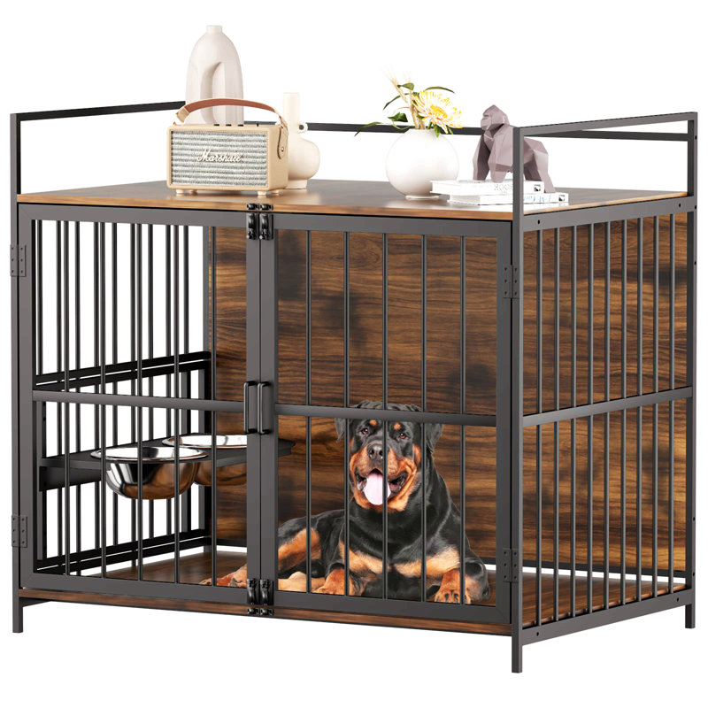 Grande cage pour chien de style meuble avec mangeoire surélevée à 360 ° pour chiens 49 "