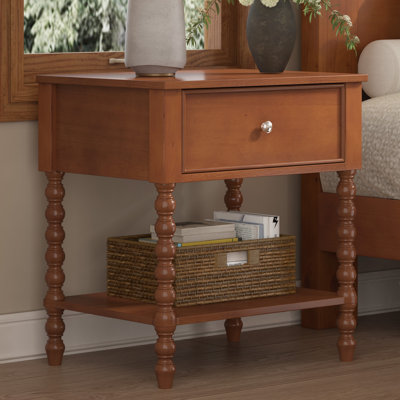 24'' Turned Solid Wood Spindle Nightstand with Drawer&Open Shelf,Brown