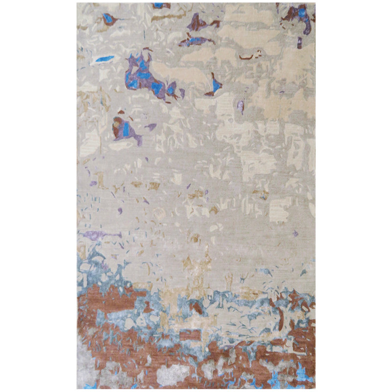 Tapis abstrait de haute qualité fabriqué à la main en gris / bleu / brun, Rectangle 5 pi x 8 pi