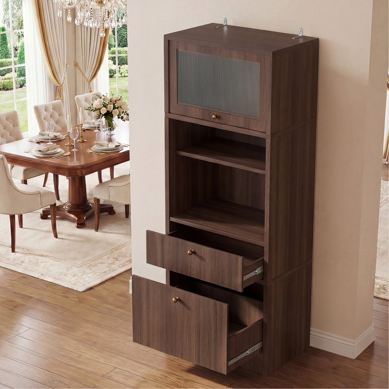Armoire de rangement autoportante haute de 71 pouces avec portes et tablettes, tablettes réglables, tiroir et ensemble anti-basculement, bois de qualité E1, noyer pour garde-manger, armoire de rangement pour salle de bain