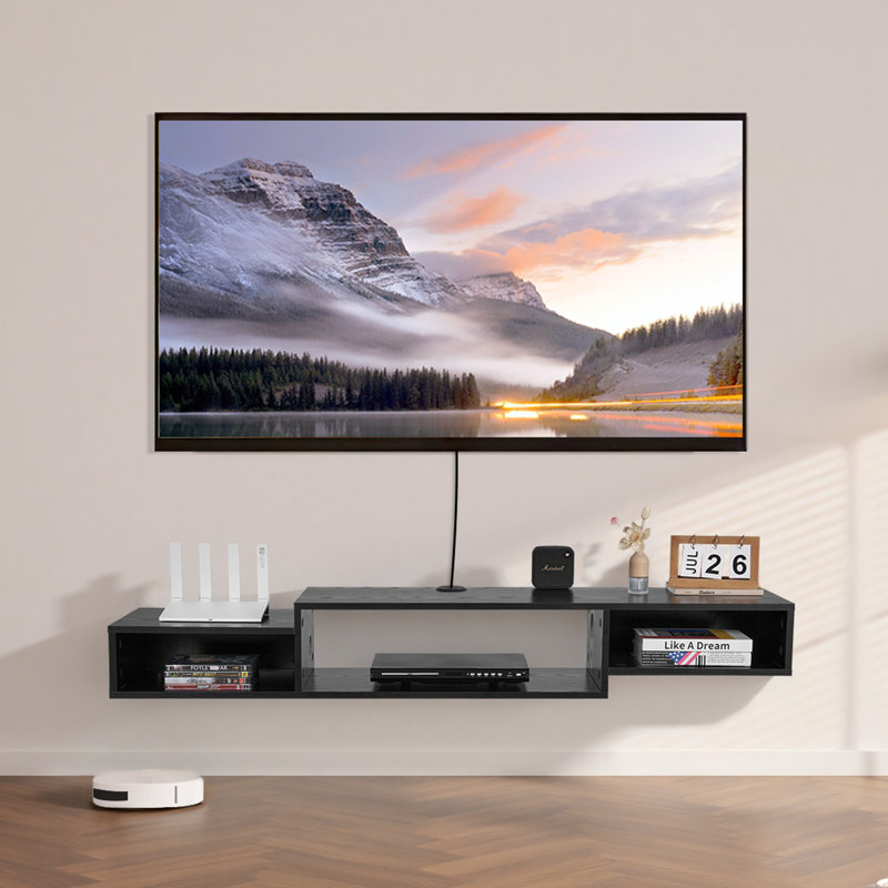 Floating TV Stand, Wall Mount Entertainment Center with Power Outlet & Cable Hole, Modern Floating TV Shelf with Storage Cabinet for DVD Player, Cable Box, Game Console, TV Accessory