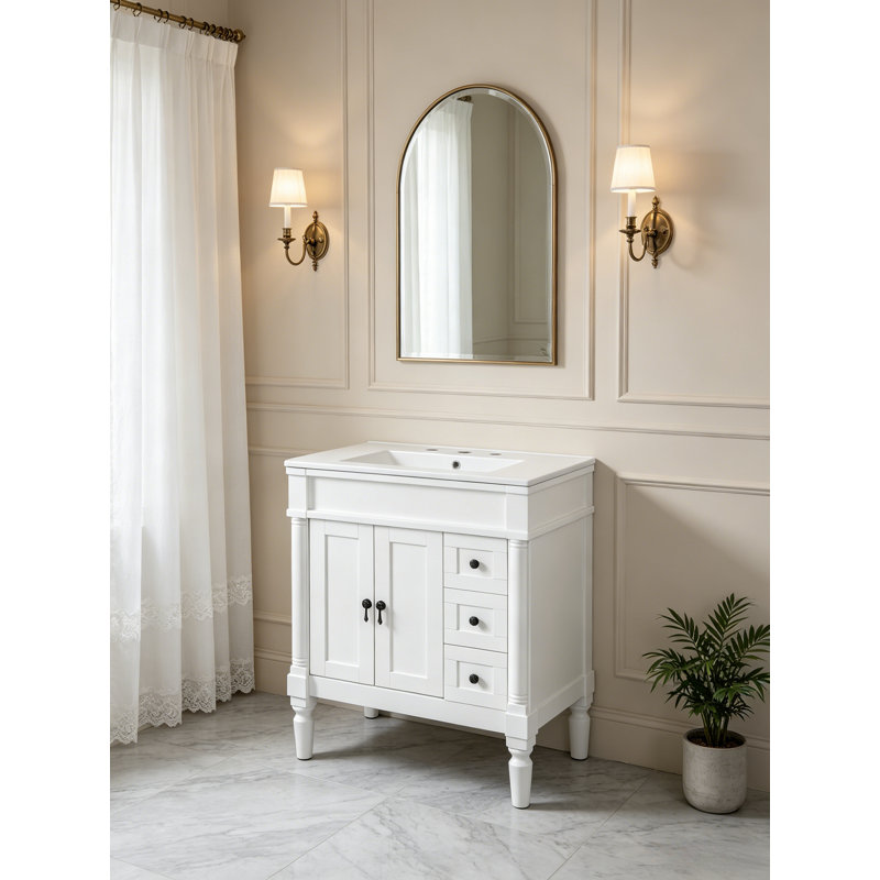 Meuble-lavabo autoportant, structure en bois massif et lavabo en céramique, 30", Blanc