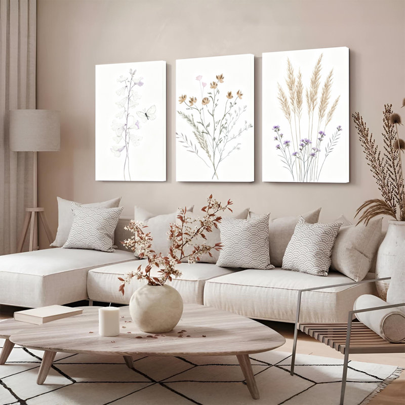 Art mural délicat sur toile tendue à motif floral et botanique, inspiré de la nature minimaliste (ensemble de 3)