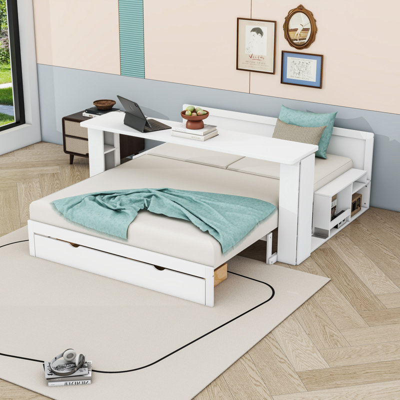 Multifunctional Wood Convertible Daybed with Built-in Desk, Storage Drawer, White, Queen