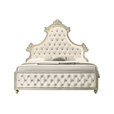 Queen Bed In Beige Velvet With Led Lighting And Comfortable Tufting Integrated Stylish Headboard