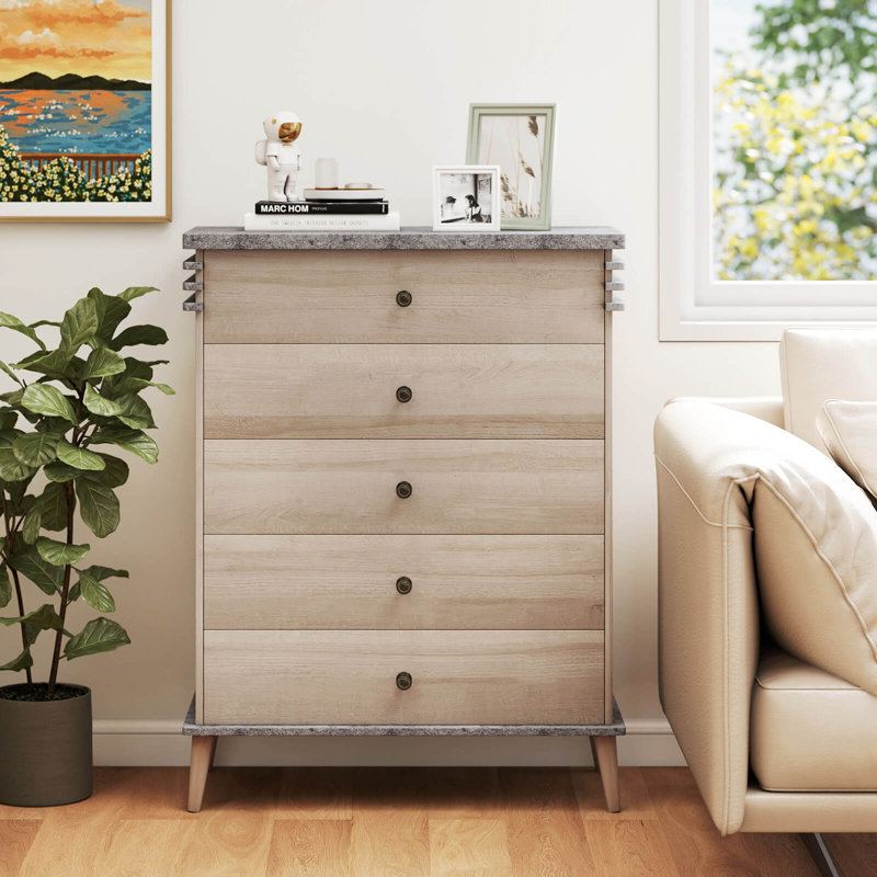5-drawer Dresser Farmhouse Chest Of Drawers With Rubber Wood Legs Anti-tipping Kit