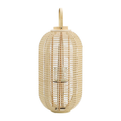 Lanterne en rotin de bambou avec insert en verre, cadre beige naturel tissé