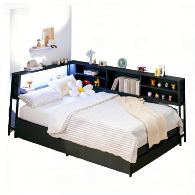 Space-Saving Corner Bed Frame With Storage, Bookcase Headboard, And LED Lighting For Modern Living