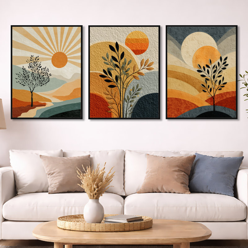 Décoration murale orange et noire Boho Desert Retreat - Abstrait botanique 3 pièces, Black Floater Framed, H 32 po x l 72 po