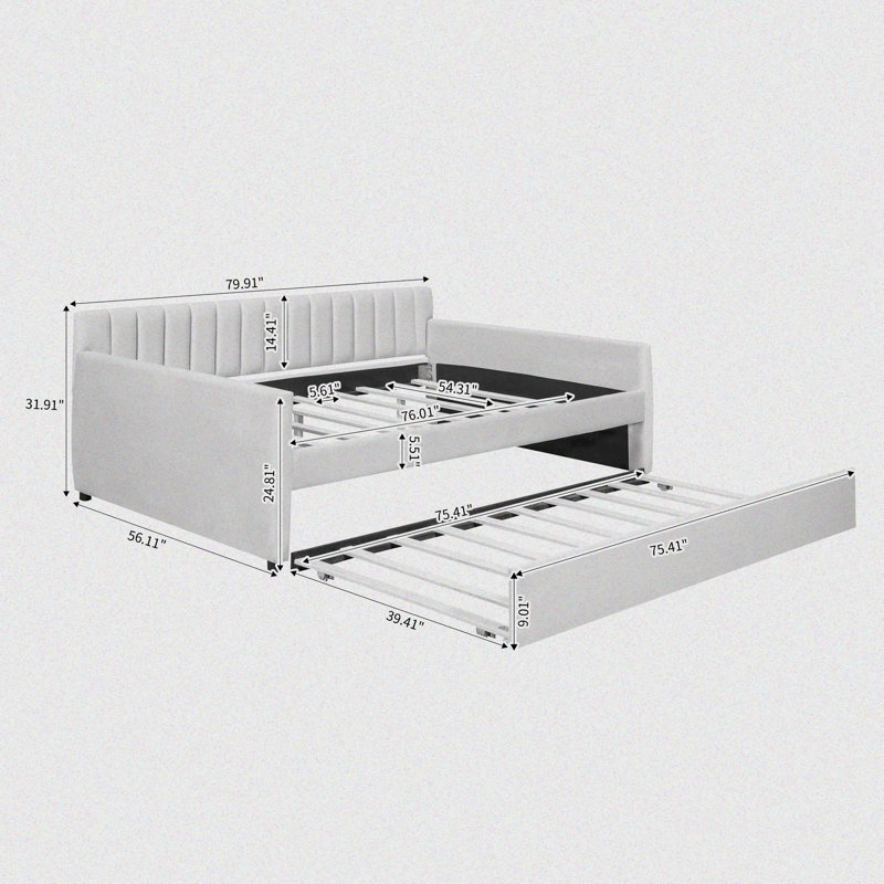 Lit de jour rembourré avec lit gigogne Keval, Beige