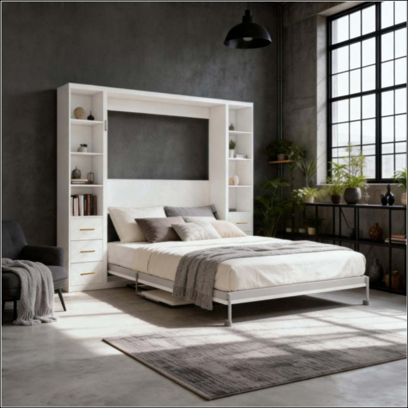 Lit escamotable bureau avec armoires de rangement latérales, lit mural pliable pour salle d'étude, chambre à coucher