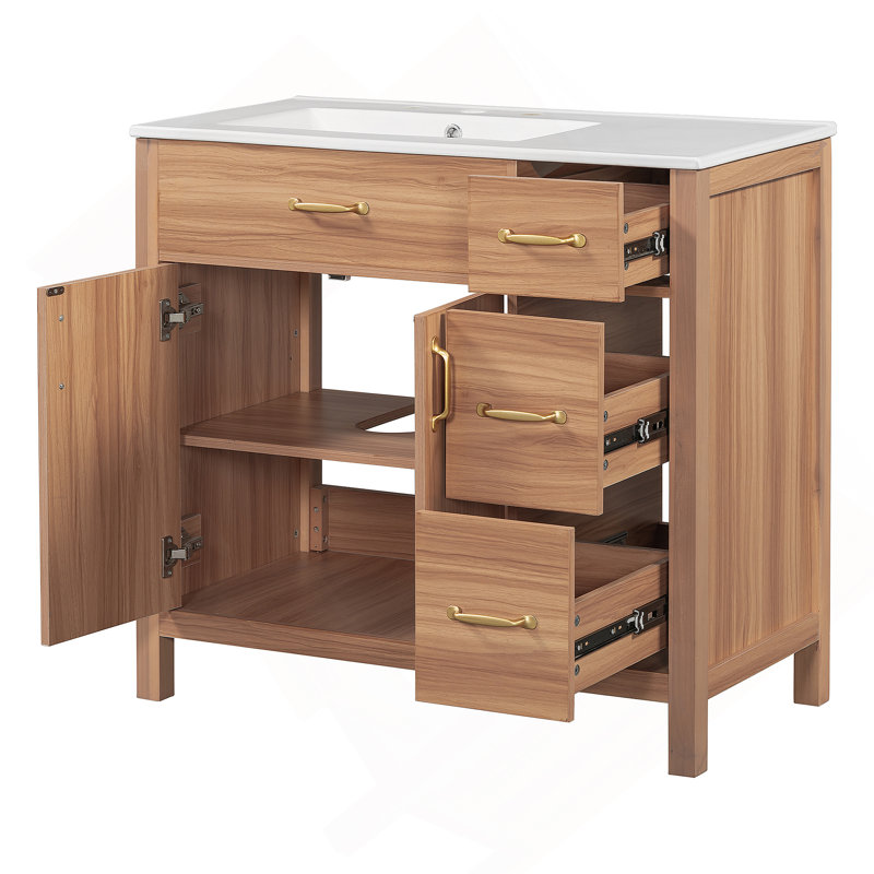 Meuble-lavabo de 36 po en bois avec cadre en bois massif, 2 portes à fermeture douce, 3 tiroirs à fermeture douce, tablette réglable, armoire de rangement moderne pour petites salles de bain