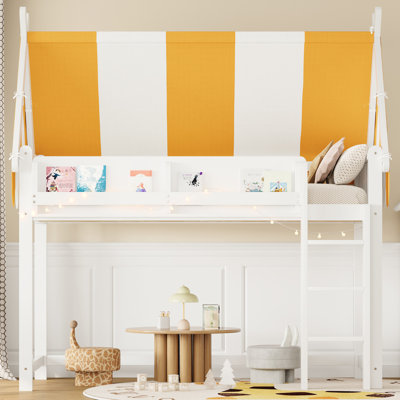 Lit mezzanine blanc avec lit à baldaquin, lumières à DEL et étagère à livres - conception à baldaquin ludique pour la décoration de chambre